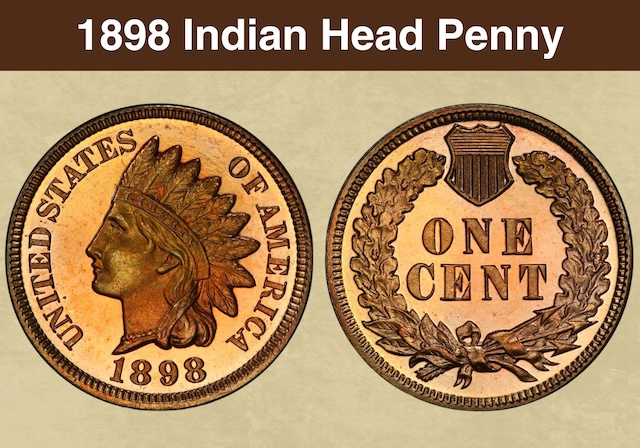1898 Indian Head Penny obverse and reverse showing Liberty portrait with feathered headdress and ONE CENT wreath reverse