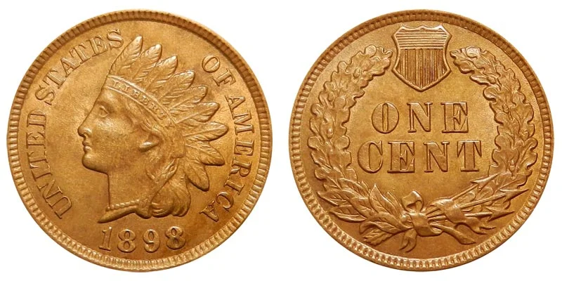 Grading strip of four 1898 Indian Head Pennies in Good, Very Fine, About Uncirculated, and Gem Mint State conditions for comparison
