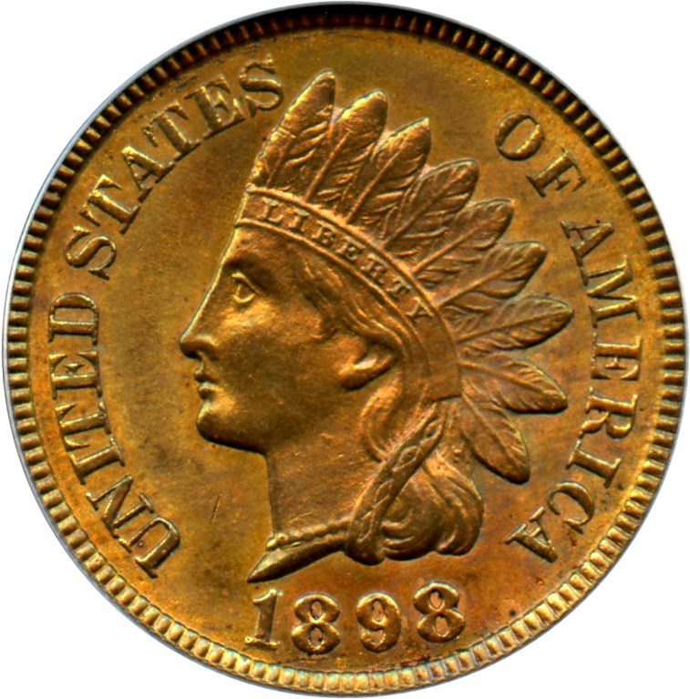 FS-401 Snow-12 misplaced date on 1898 Indian Head Penny — two extra digit tops visible in denticles between the 9 and final 8