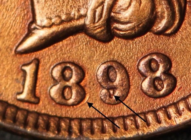 Snow-14 Wide Repunched Date on 1898 Indian Head Penny showing wide east repunching of the 898 digits