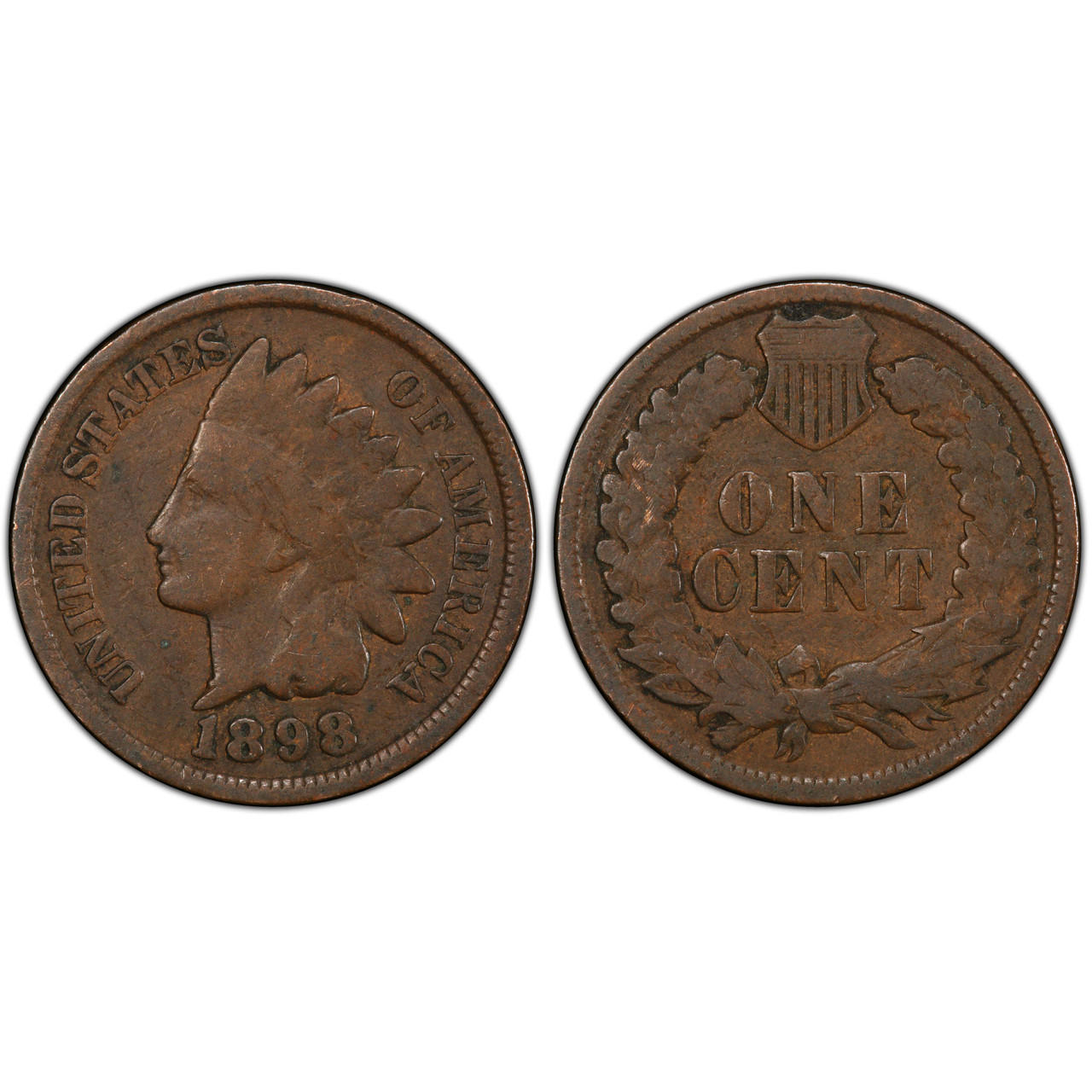Die cud and major die crack error on 1898 Indian Head Penny — raised smooth blob at rim edge showing die chip, or raised crack line across design